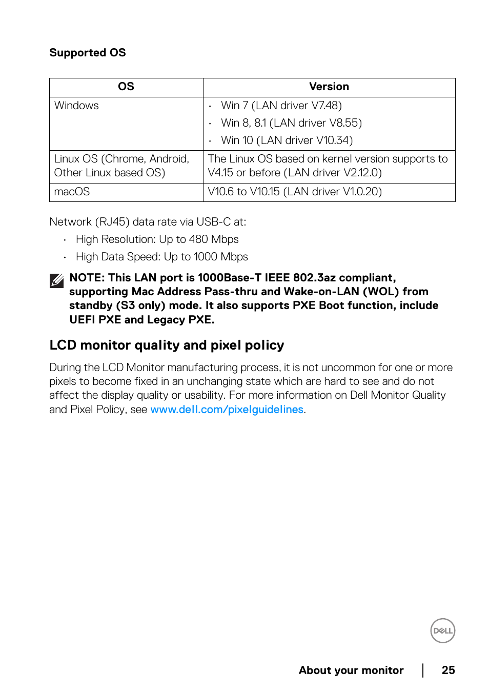 Lcd monitor quality and pixel policy, Supported os | Dell U3821DW 37.5" 21:9 Curved IPS Monitor (Silver) User Manual | Page 25 / 81