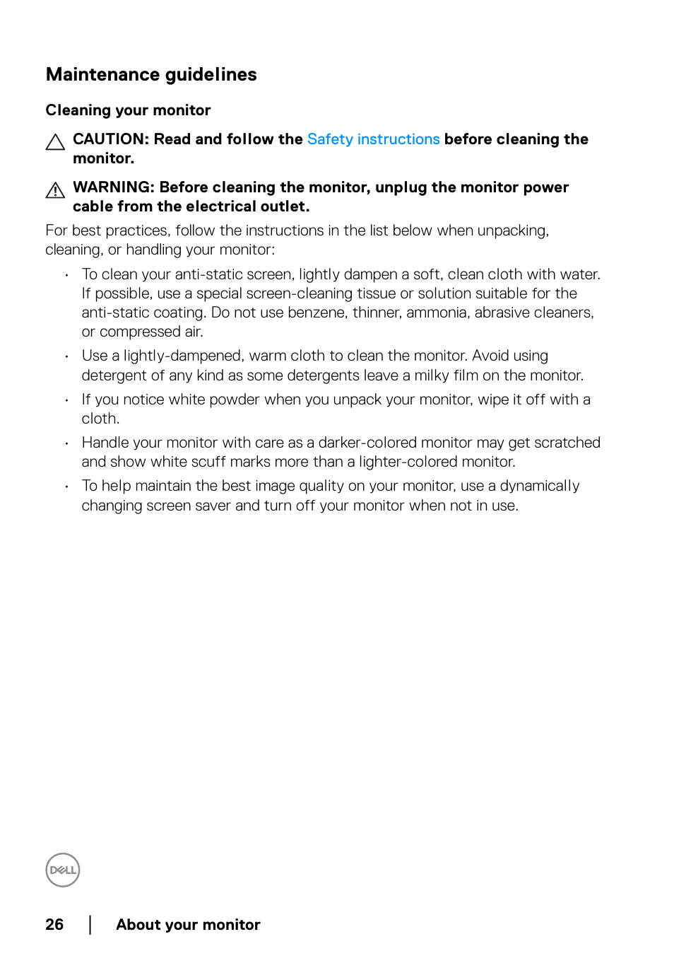 Maintenance guidelines | Dell U3821DW 37.5" 21:9 Curved IPS Monitor (Silver) User Manual | Page 26 / 81