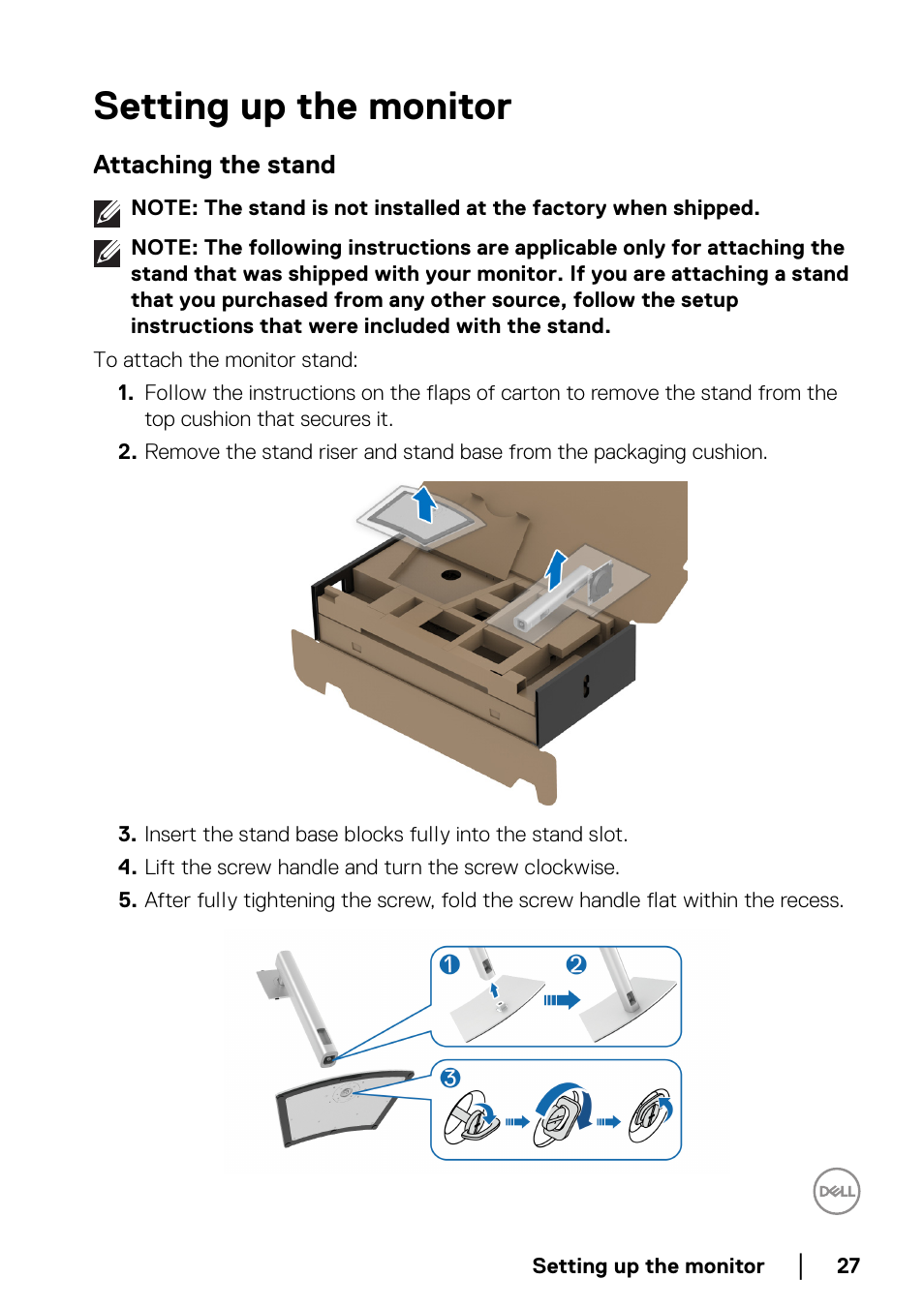 Setting up the monitor, Attaching the stand | Dell U3821DW 37.5" 21:9 Curved IPS Monitor (Silver) User Manual | Page 27 / 81