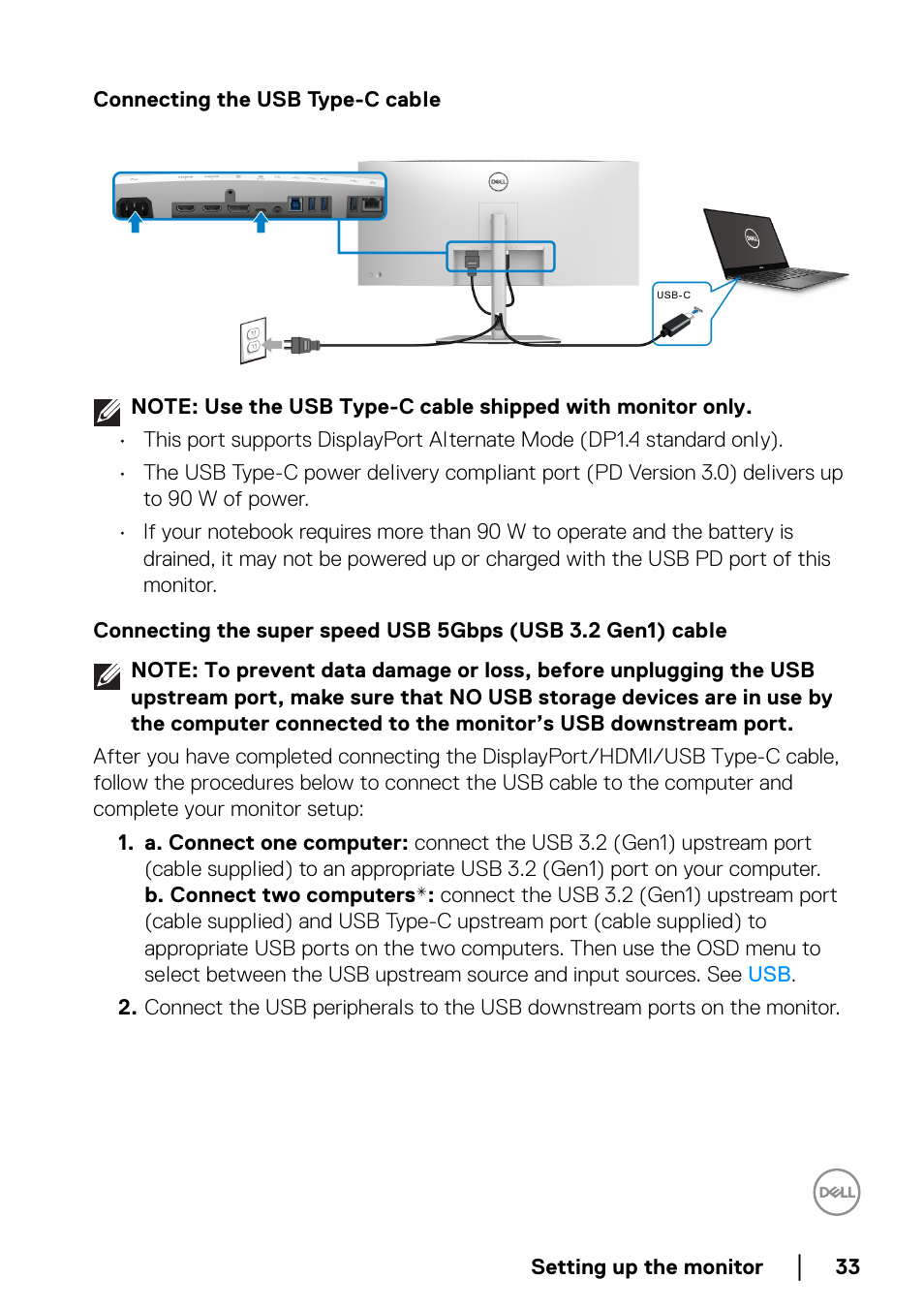 Connecting the usb type-c cable | Dell U3821DW 37.5" 21:9 Curved IPS Monitor (Silver) User Manual | Page 33 / 81