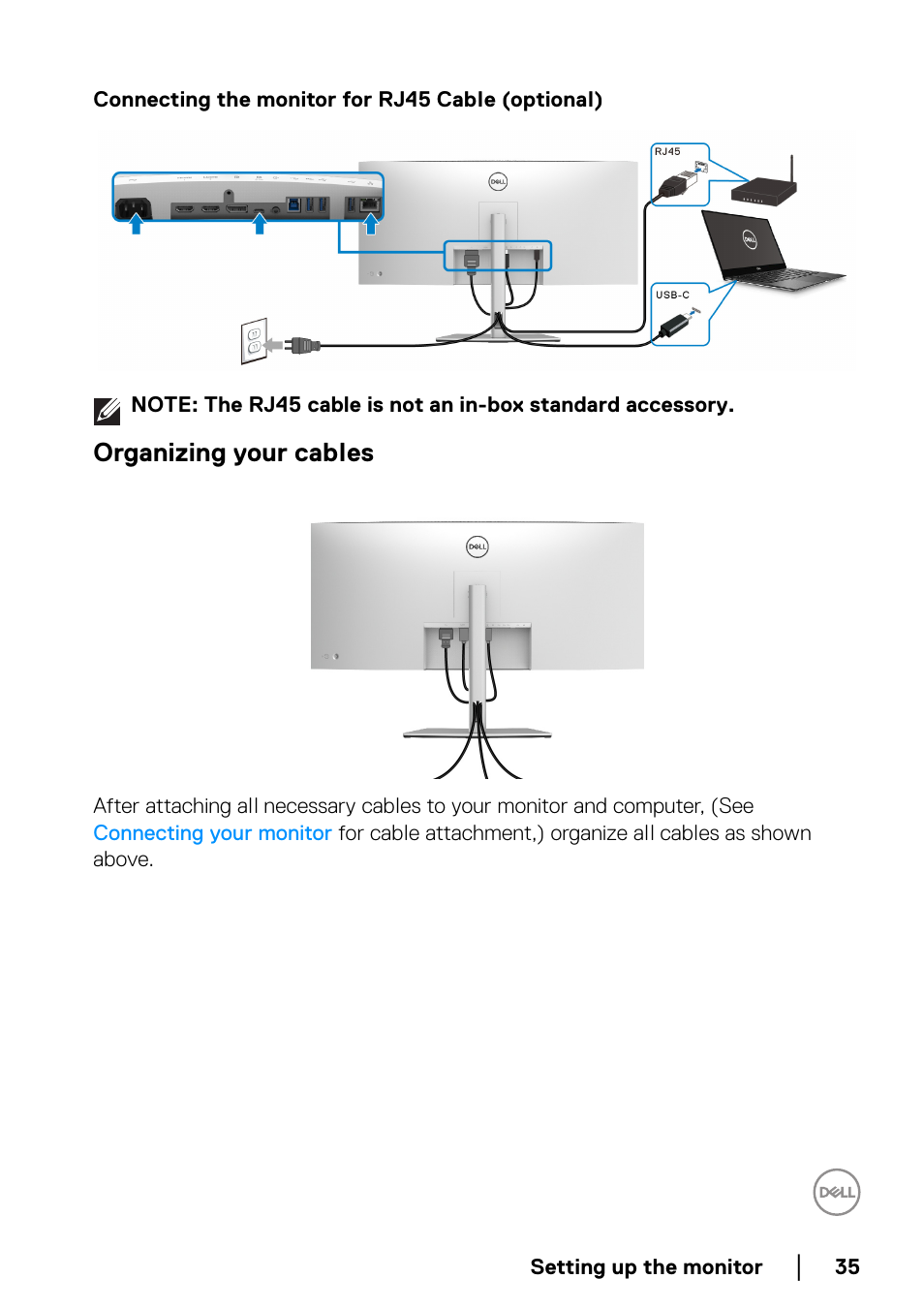 Organizing your cables, Connecting the monitor for rj45 cable (optional) | Dell U3821DW 37.5" 21:9 Curved IPS Monitor (Silver) User Manual | Page 35 / 81