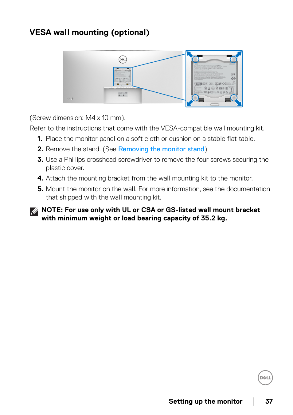 Vesa wall mounting (optional) | Dell U3821DW 37.5" 21:9 Curved IPS Monitor (Silver) User Manual | Page 37 / 81