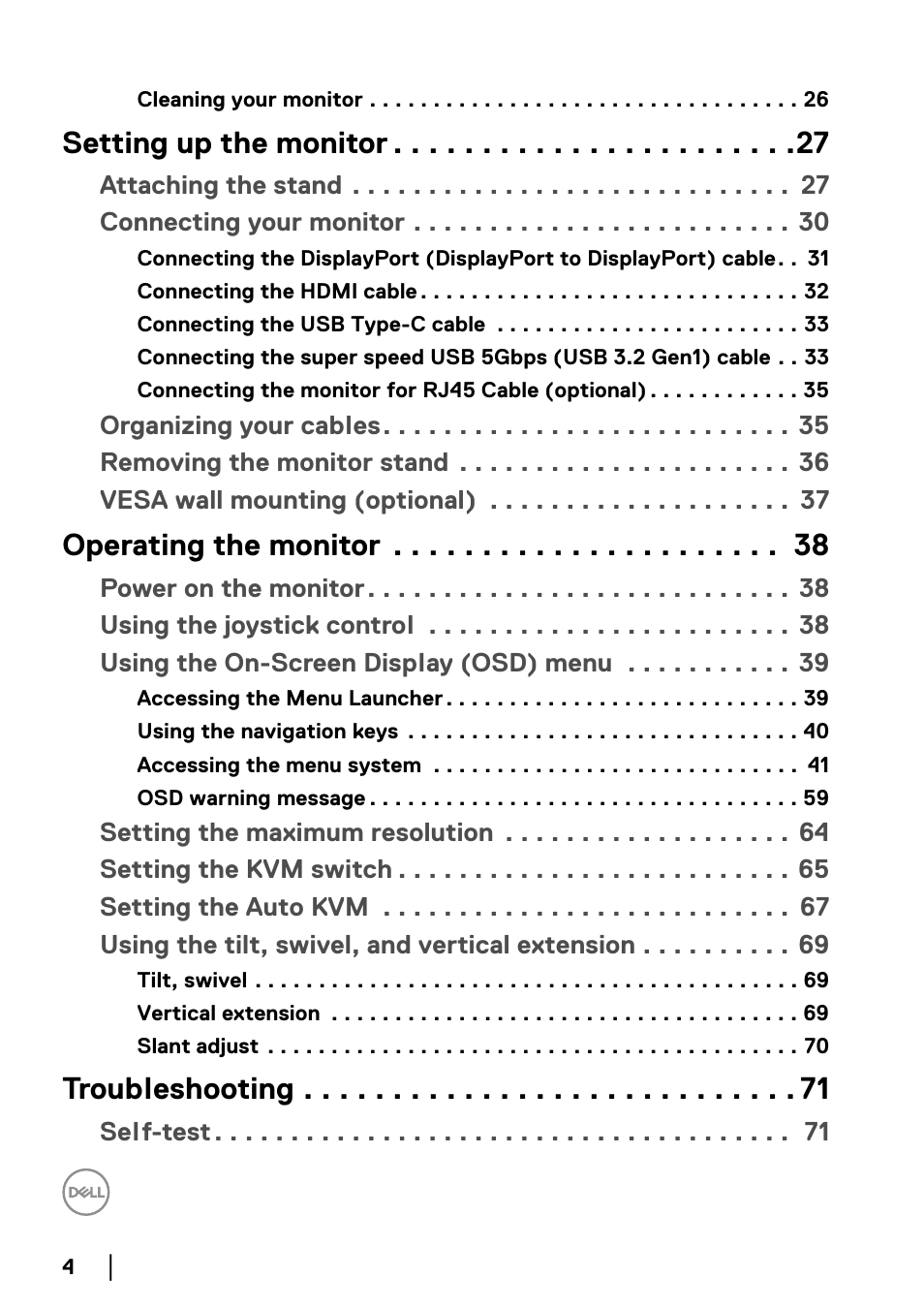 Setting up the monitor, Operating the monitor, Troubleshooting | Dell U3821DW 37.5" 21:9 Curved IPS Monitor (Silver) User Manual | Page 4 / 81