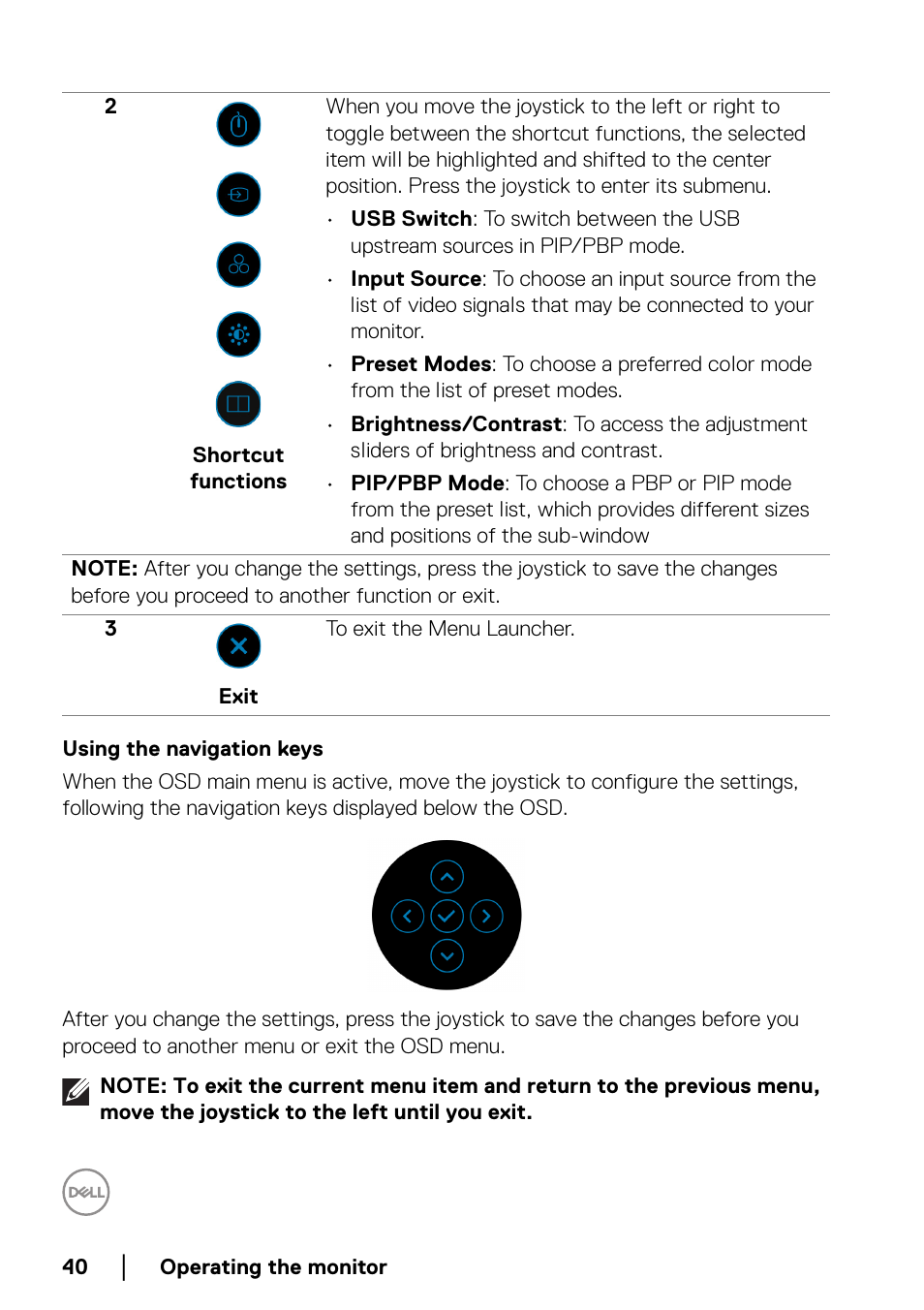 Using the navigation keys | Dell U3821DW 37.5" 21:9 Curved IPS Monitor (Silver) User Manual | Page 40 / 81