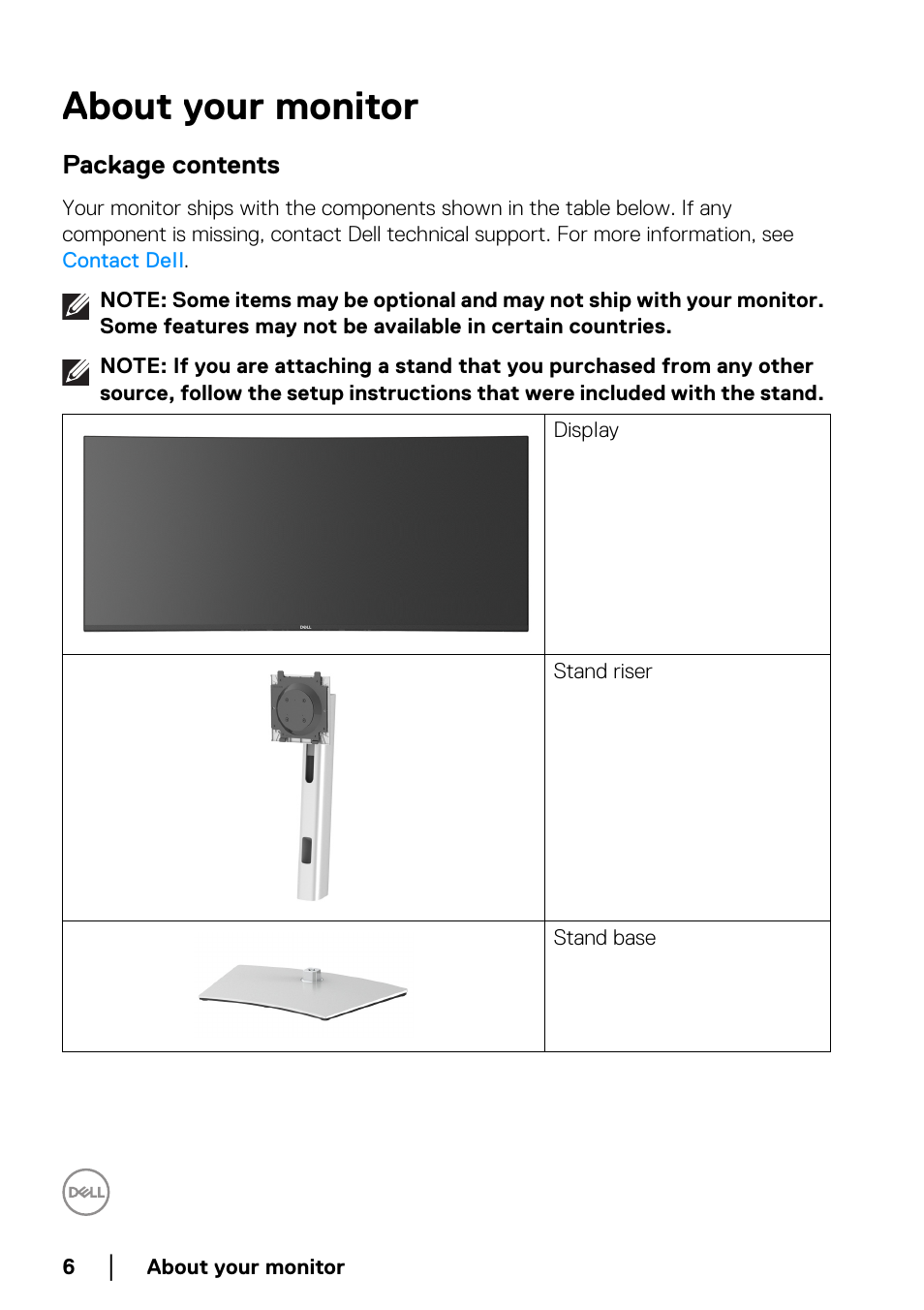 About your monitor, Package contents | Dell U3821DW 37.5" 21:9 Curved IPS Monitor (Silver) User Manual | Page 6 / 81