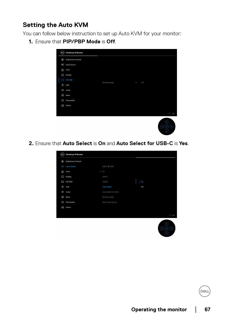 Setting the auto kvm | Dell U3821DW 37.5" 21:9 Curved IPS Monitor (Silver) User Manual | Page 67 / 81