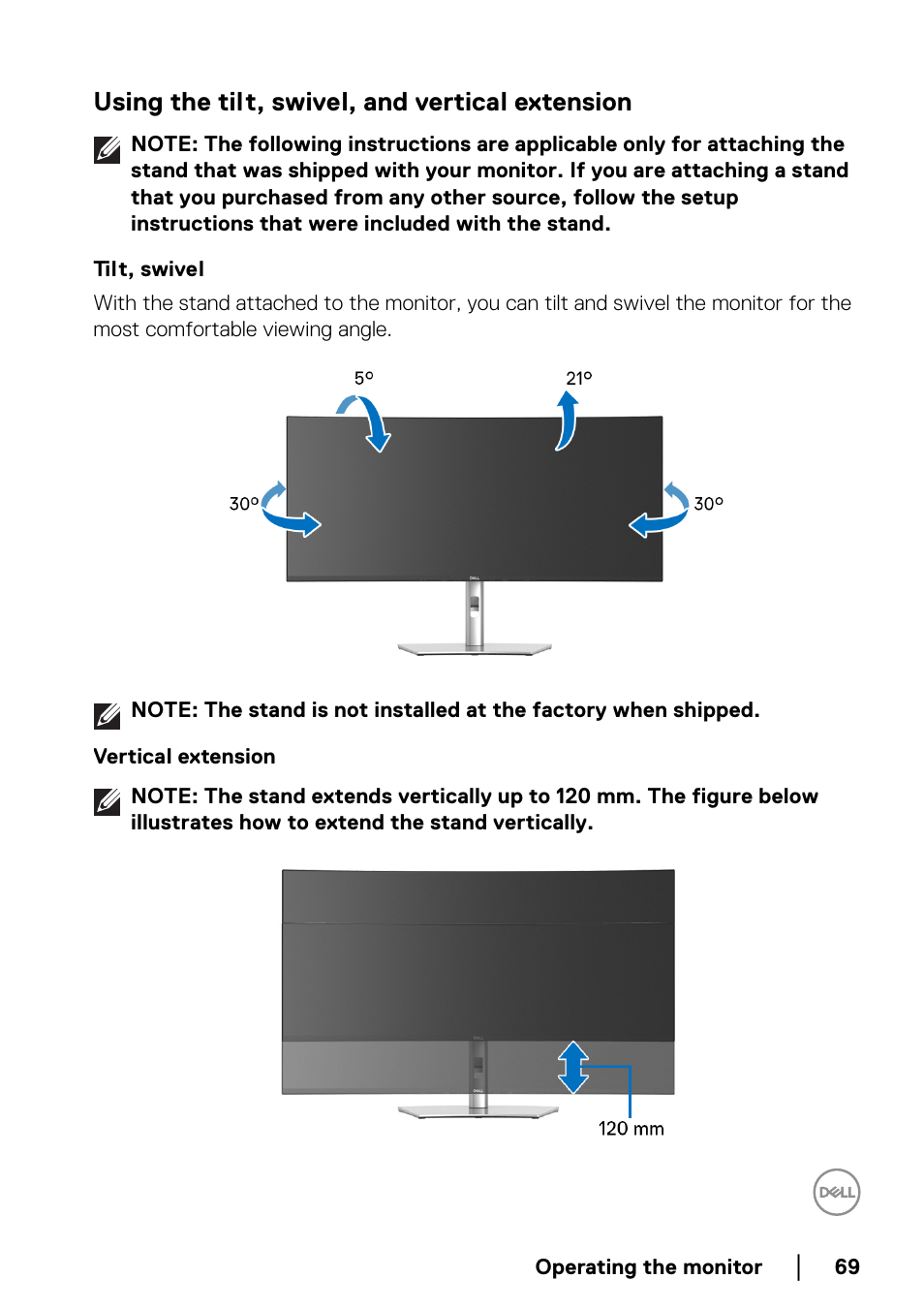 Using the tilt, swivel, and vertical extension, Tilt, swivel, Vertical extension | Dell U3821DW 37.5" 21:9 Curved IPS Monitor (Silver) User Manual | Page 69 / 81