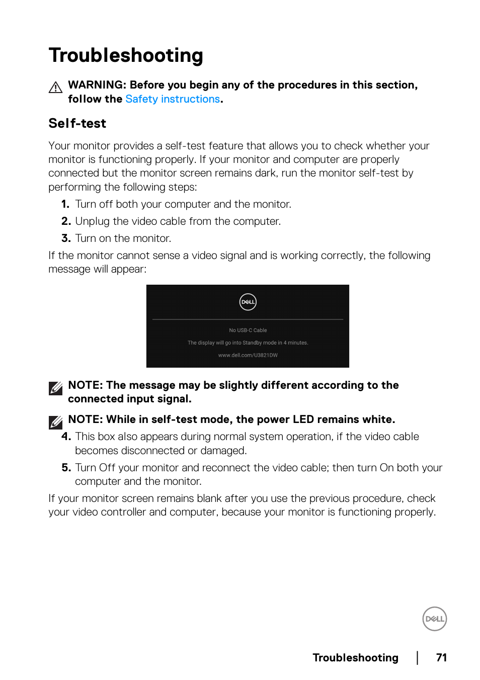 Troubleshooting, Self-test | Dell U3821DW 37.5" 21:9 Curved IPS Monitor (Silver) User Manual | Page 71 / 81