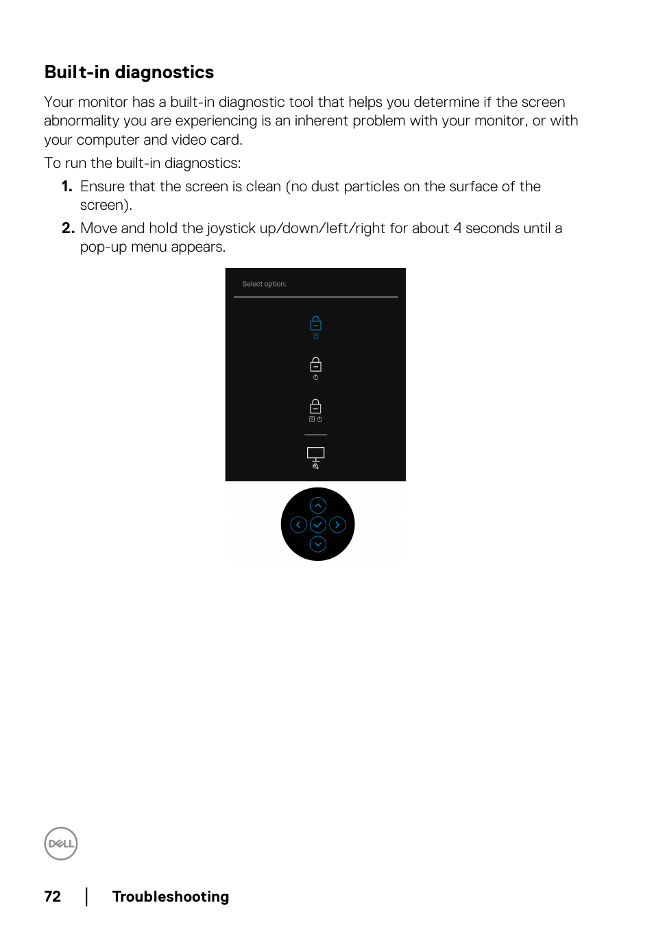 Built-in diagnostics | Dell U3821DW 37.5" 21:9 Curved IPS Monitor (Silver) User Manual | Page 72 / 81
