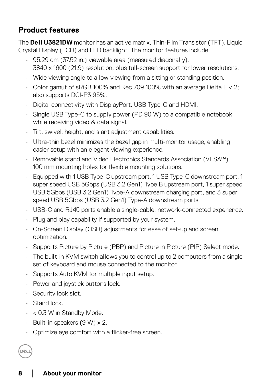 Product features | Dell U3821DW 37.5" 21:9 Curved IPS Monitor (Silver) User Manual | Page 8 / 81
