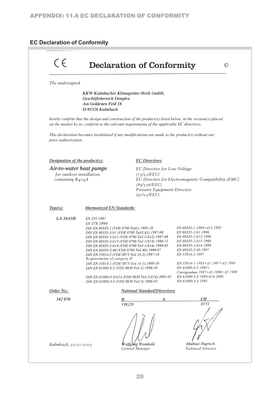 Declaration of conformity, Air-to-water heat pumps | Dimplex LA16ASR User Manual | Page 20 / 24