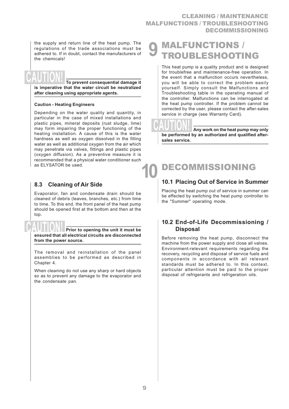 Caution, Malfunctions / troubleshooting, Decommissioning | Dimplex LA16ASR User Manual | Page 9 / 24