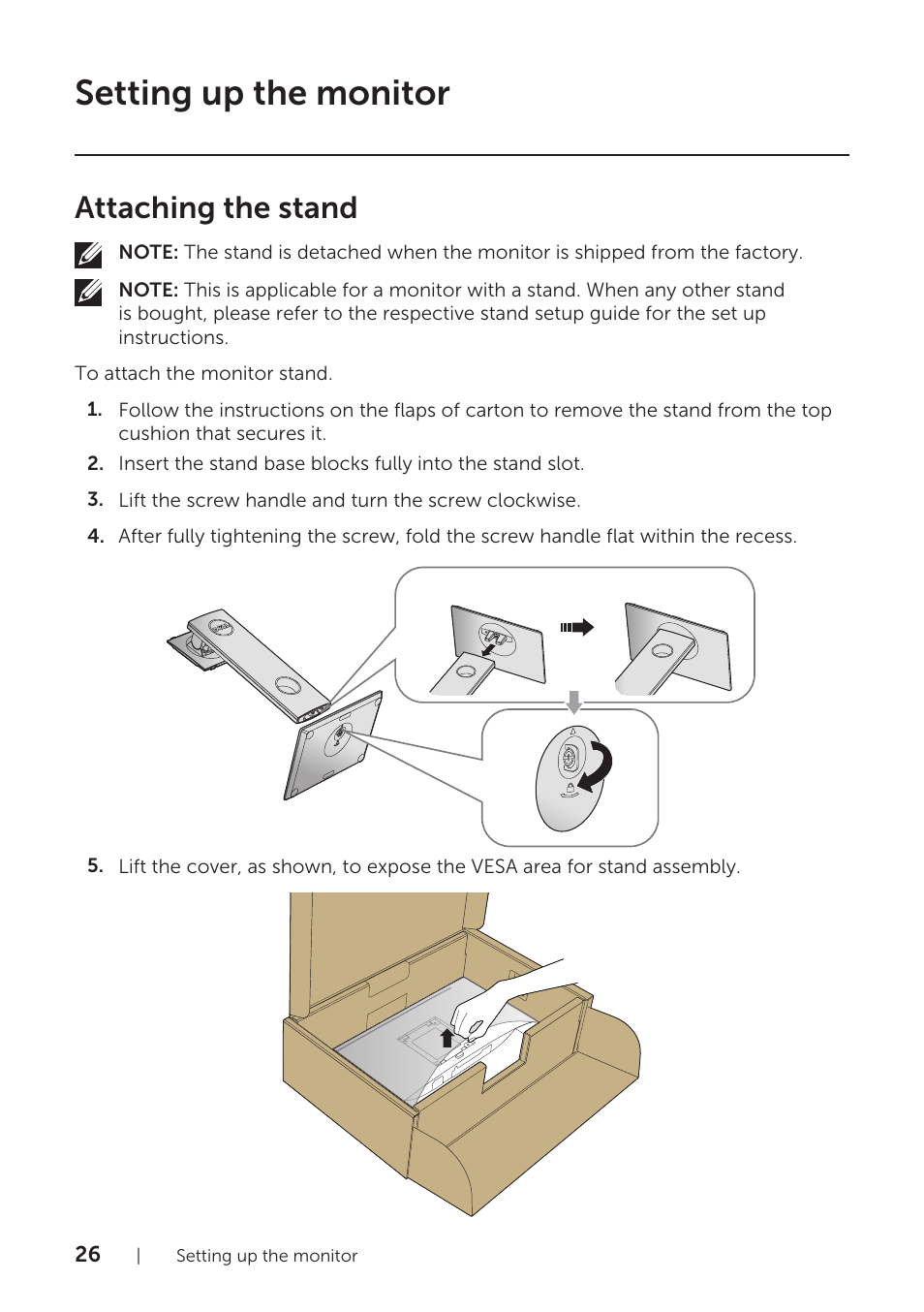 Setting up the monitor, Attaching the stand | Dell P2418HZM 23.8" 16:9 IPS Monitor User Manual | Page 26 / 71