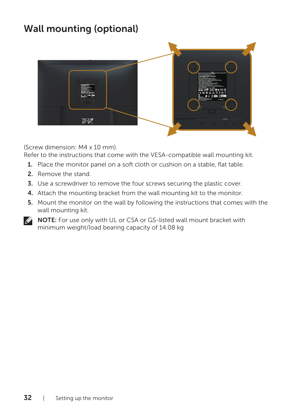 Wall mounting (optional) | Dell P2418HZM 23.8" 16:9 IPS Monitor User Manual | Page 32 / 71