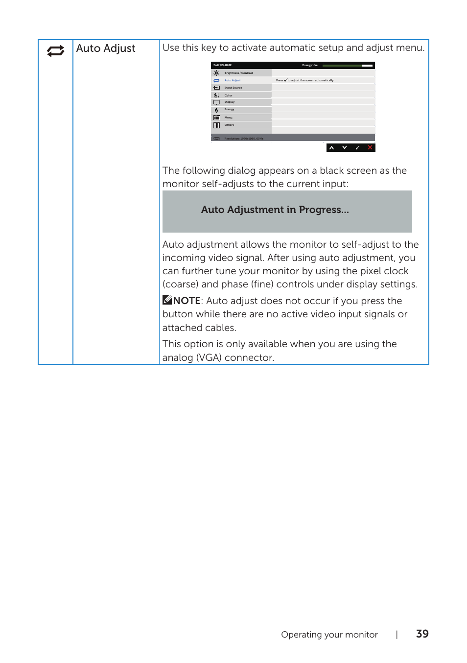 39 auto adjust, Operating your monitor | Dell P2418HZM 23.8" 16:9 IPS Monitor User Manual | Page 39 / 71