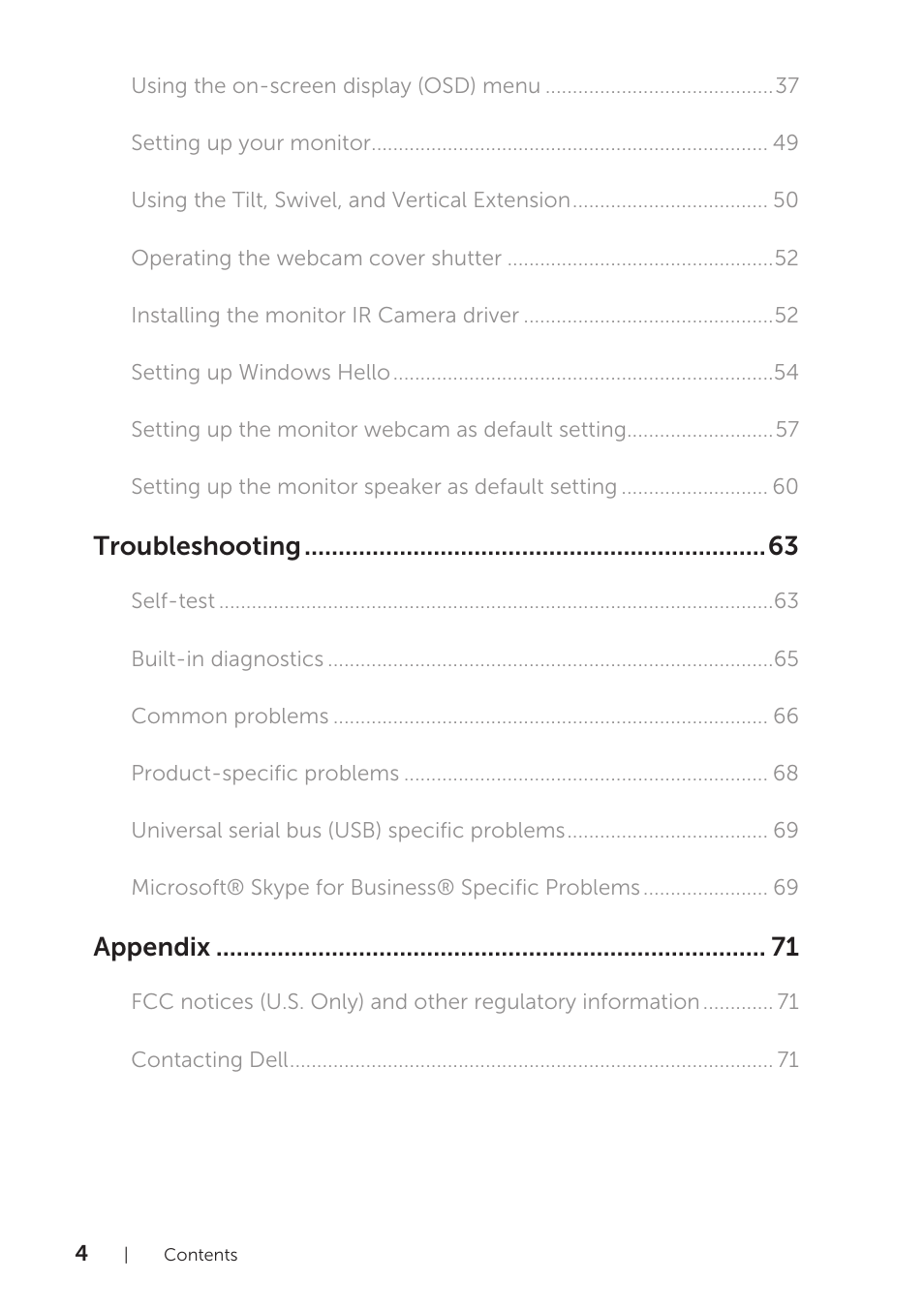 Troubleshooting, Appendix | Dell P2418HZM 23.8" 16:9 IPS Monitor User Manual | Page 4 / 71