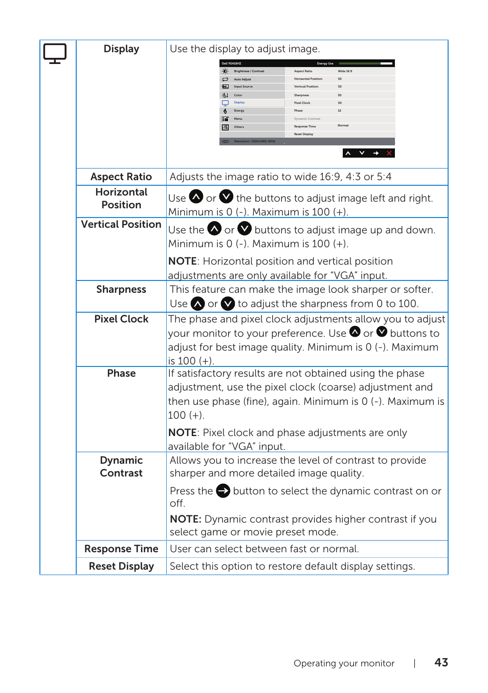 Display use the display to adjust image | Dell P2418HZM 23.8" 16:9 IPS Monitor User Manual | Page 43 / 71