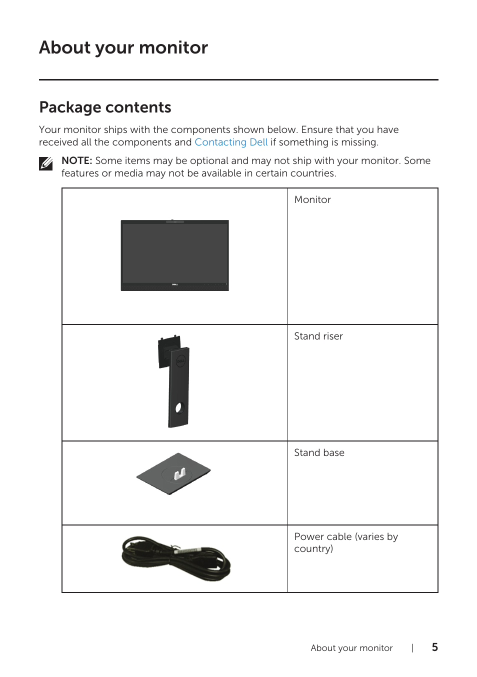 About your monitor, Package contents | Dell P2418HZM 23.8" 16:9 IPS Monitor User Manual | Page 5 / 71