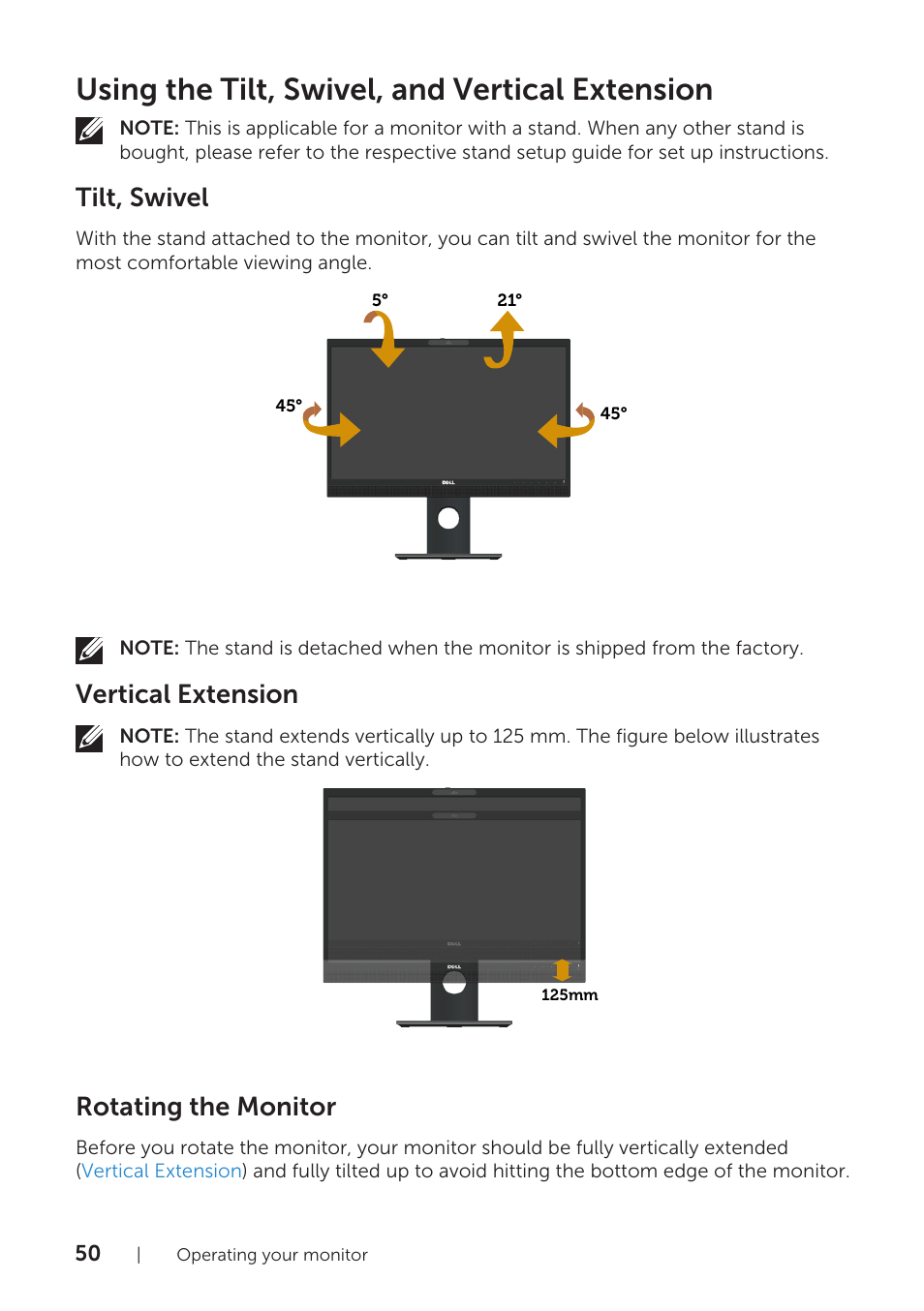 Using the tilt, swivel, and vertical extension, Tilt, swivel, Vertical extension | Rotating the monitor | Dell P2418HZM 23.8" 16:9 IPS Monitor User Manual | Page 50 / 71