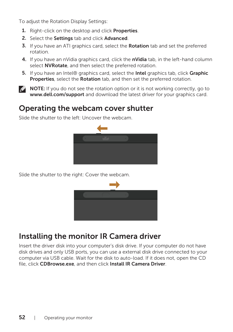 Operating the webcam cover shutter, Installing the monitor ir camera driver | Dell P2418HZM 23.8" 16:9 IPS Monitor User Manual | Page 52 / 71