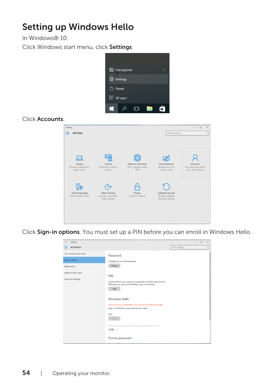 Setting up windows hello | Dell P2418HZM 23.8" 16:9 IPS Monitor User Manual | Page 54 / 71