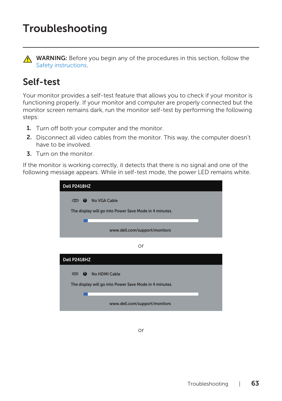 Troubleshooting, Self-test | Dell P2418HZM 23.8" 16:9 IPS Monitor User Manual | Page 63 / 71