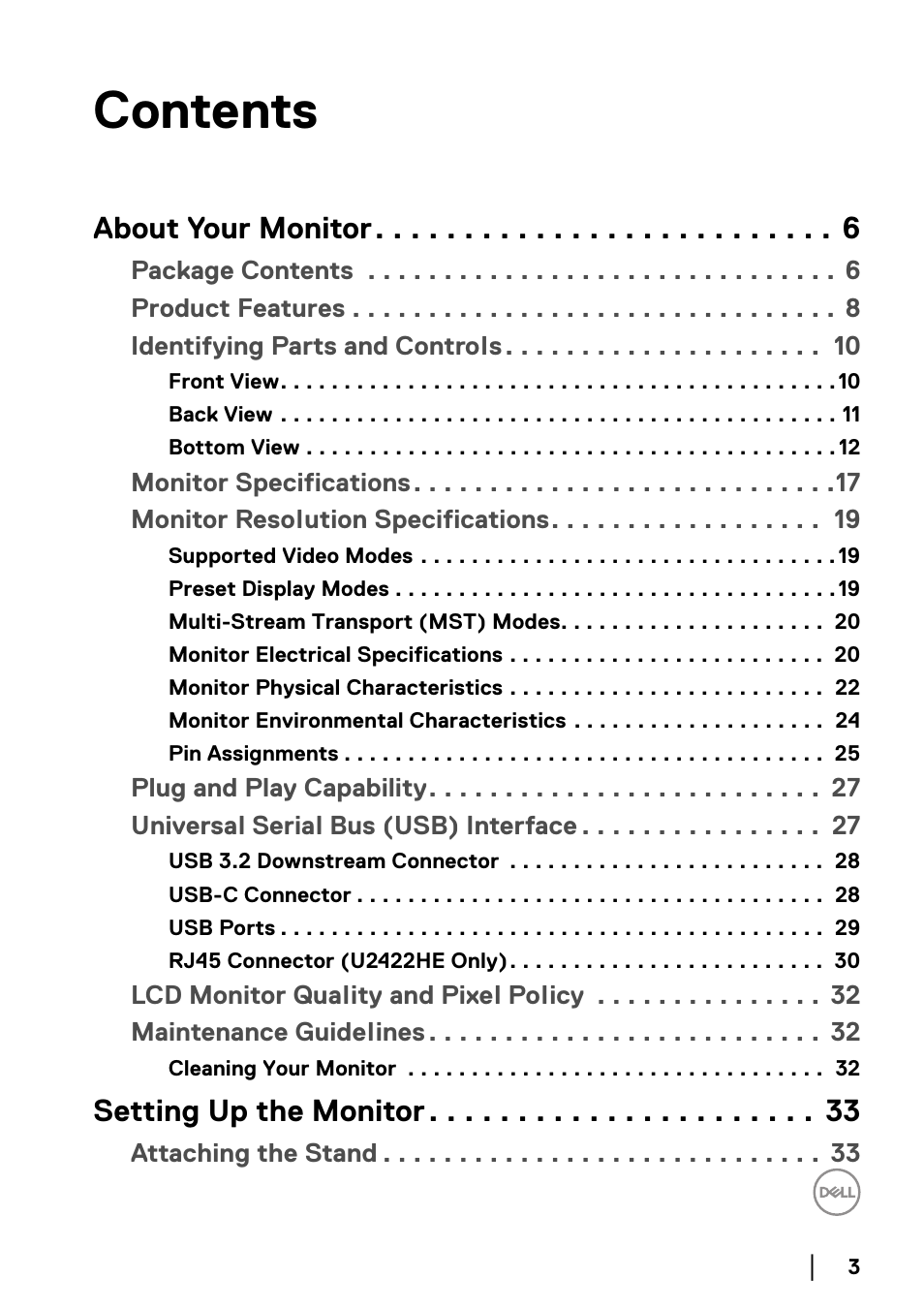 Dell U2422H 23.8" 16:9 IPS Monitor User Manual | Page 3 / 96
