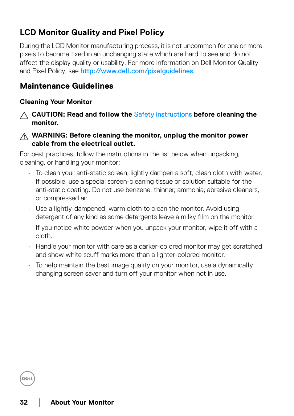 Lcd monitor quality and pixel policy, Maintenance guidelines, Cleaning your monitor | Dell U2422H 23.8" 16:9 IPS Monitor User Manual | Page 32 / 96