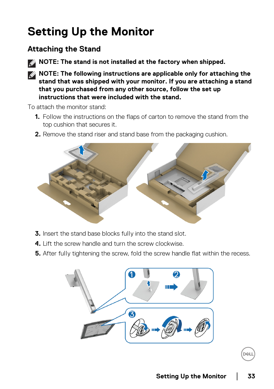 Setting up the monitor, Attaching the stand | Dell U2422H 23.8" 16:9 IPS Monitor User Manual | Page 33 / 96