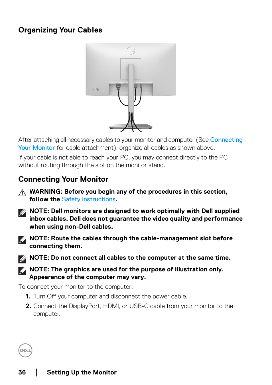 Organizing your cables, Connecting your monitor | Dell U2422H 23.8" 16:9 IPS Monitor User Manual | Page 36 / 96