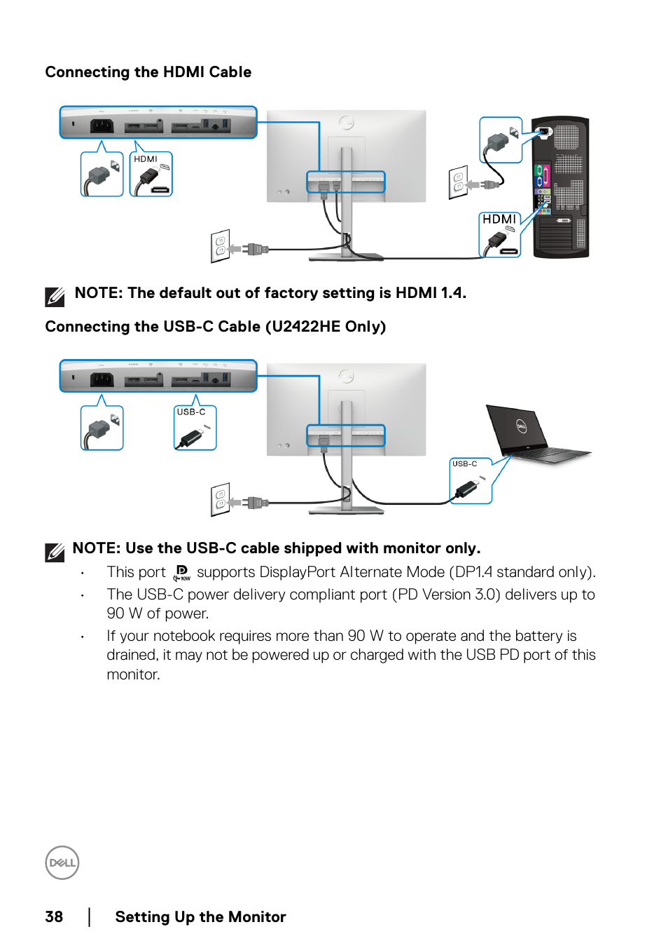 Connecting the hdmi cable, Connecting the usb-c cable (u2422he only) | Dell U2422H 23.8" 16:9 IPS Monitor User Manual | Page 38 / 96