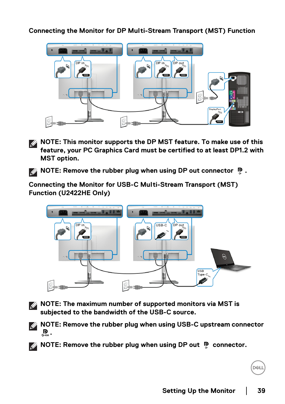 Mst) function, Mst) function (u2422he only) | Dell U2422H 23.8" 16:9 IPS Monitor User Manual | Page 39 / 96