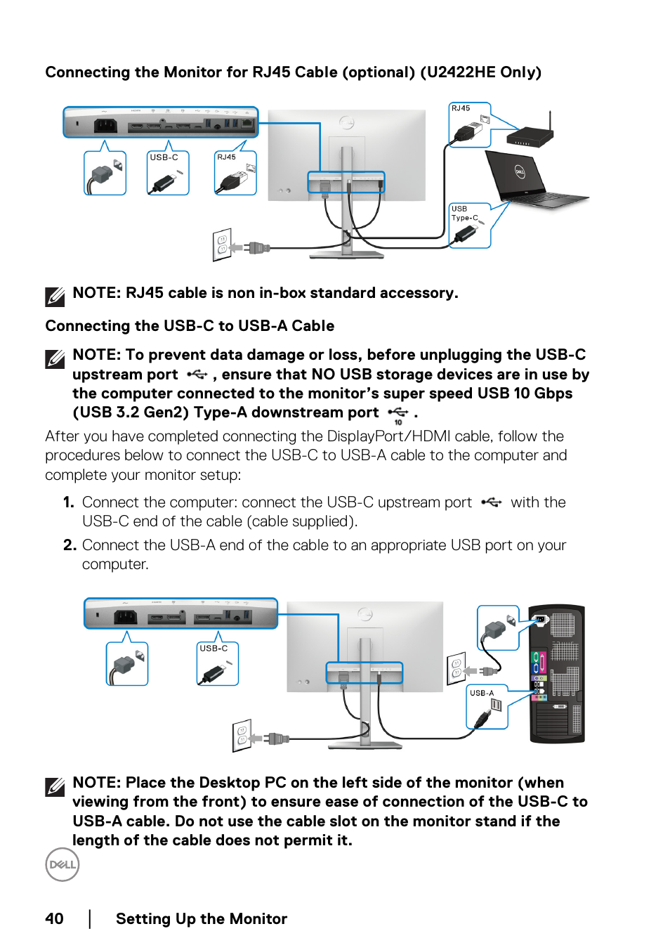 Connecting the monitor for rj45 cable (optional), U2422he only), Connecting the usb-c to usb-a cable | Dell U2422H 23.8" 16:9 IPS Monitor User Manual | Page 40 / 96