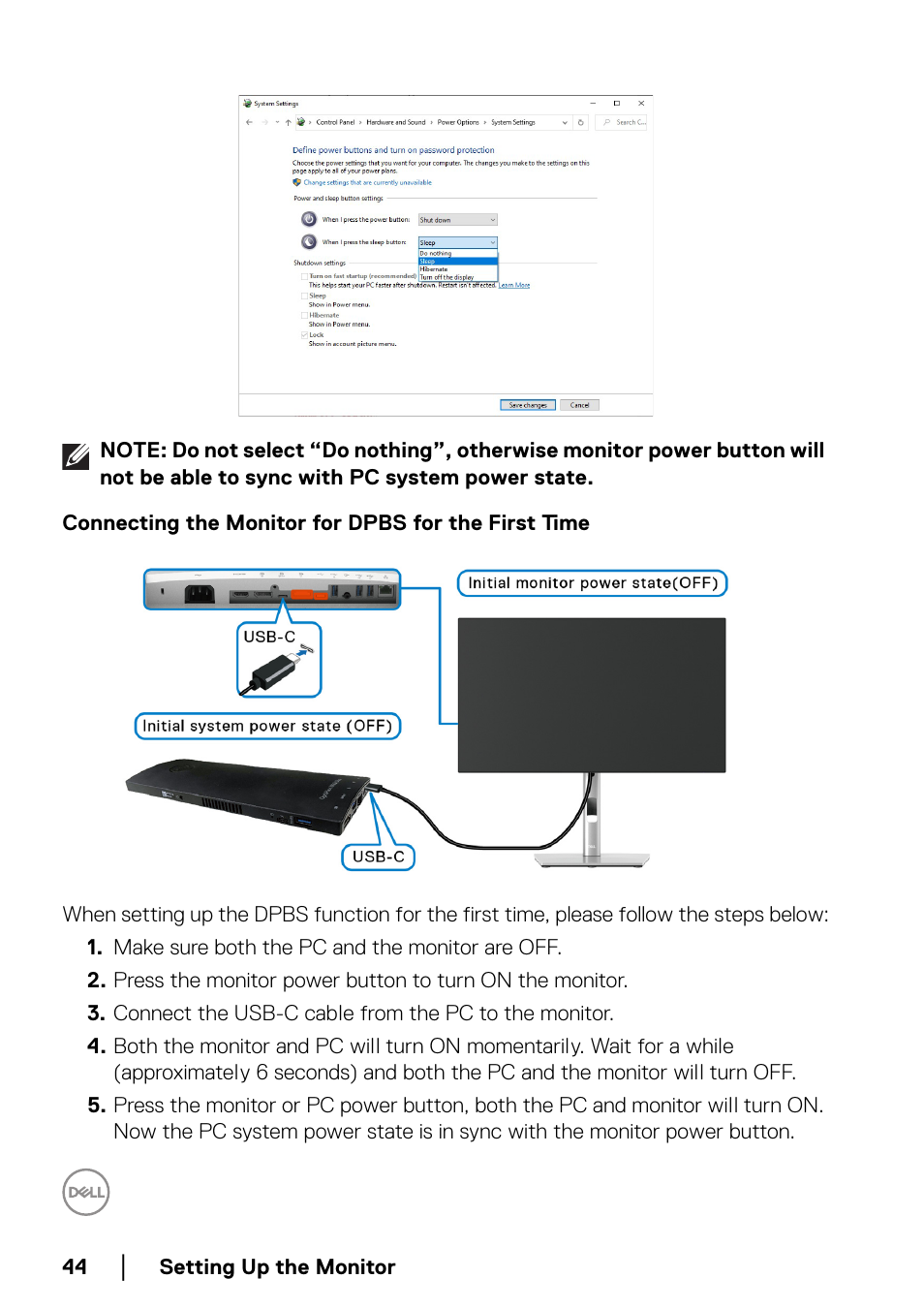Connecting the monitor for dpbs for the first time | Dell U2422H 23.8" 16:9 IPS Monitor User Manual | Page 44 / 96