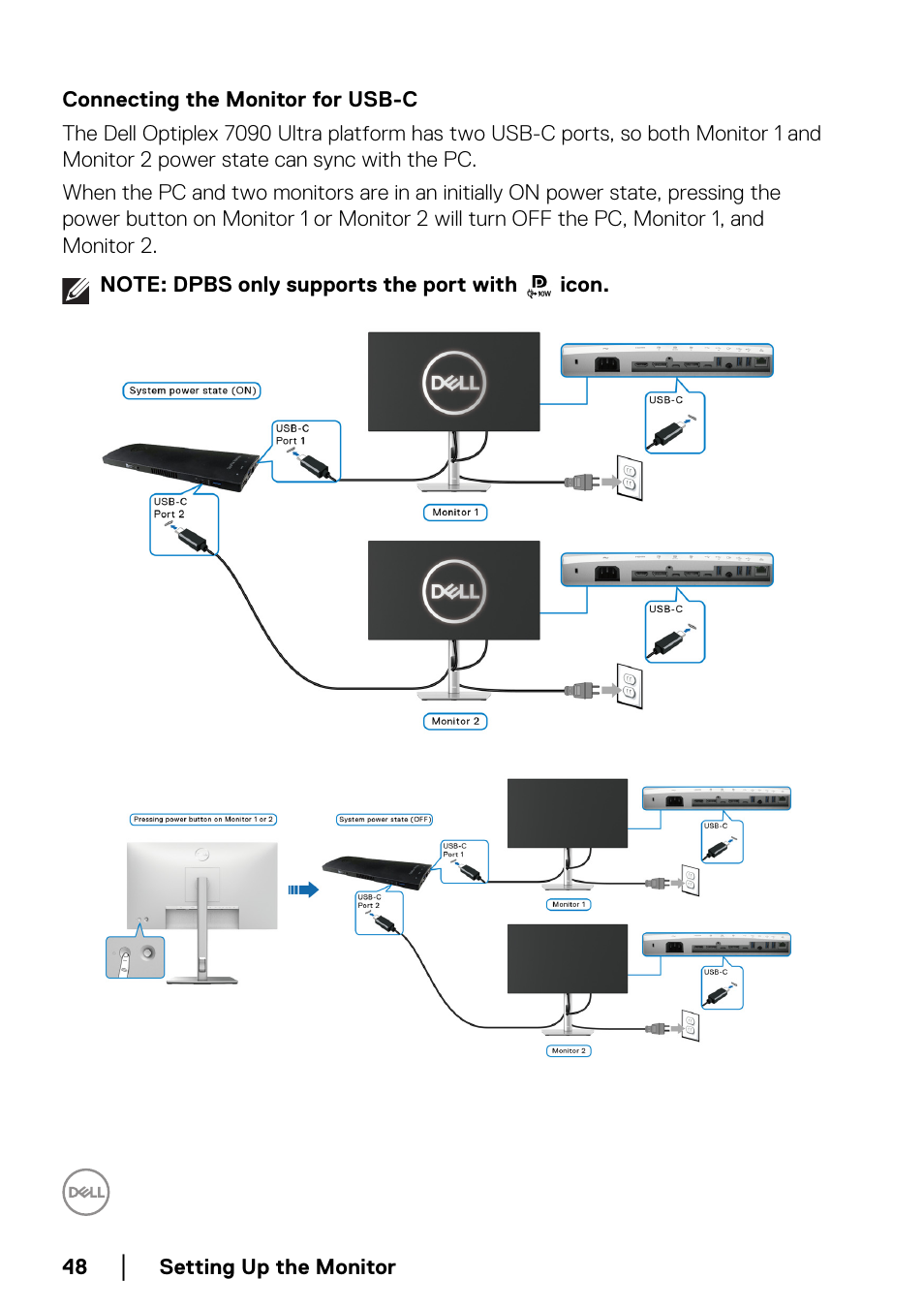 Connecting the monitor for usb-c | Dell U2422H 23.8" 16:9 IPS Monitor User Manual | Page 48 / 96