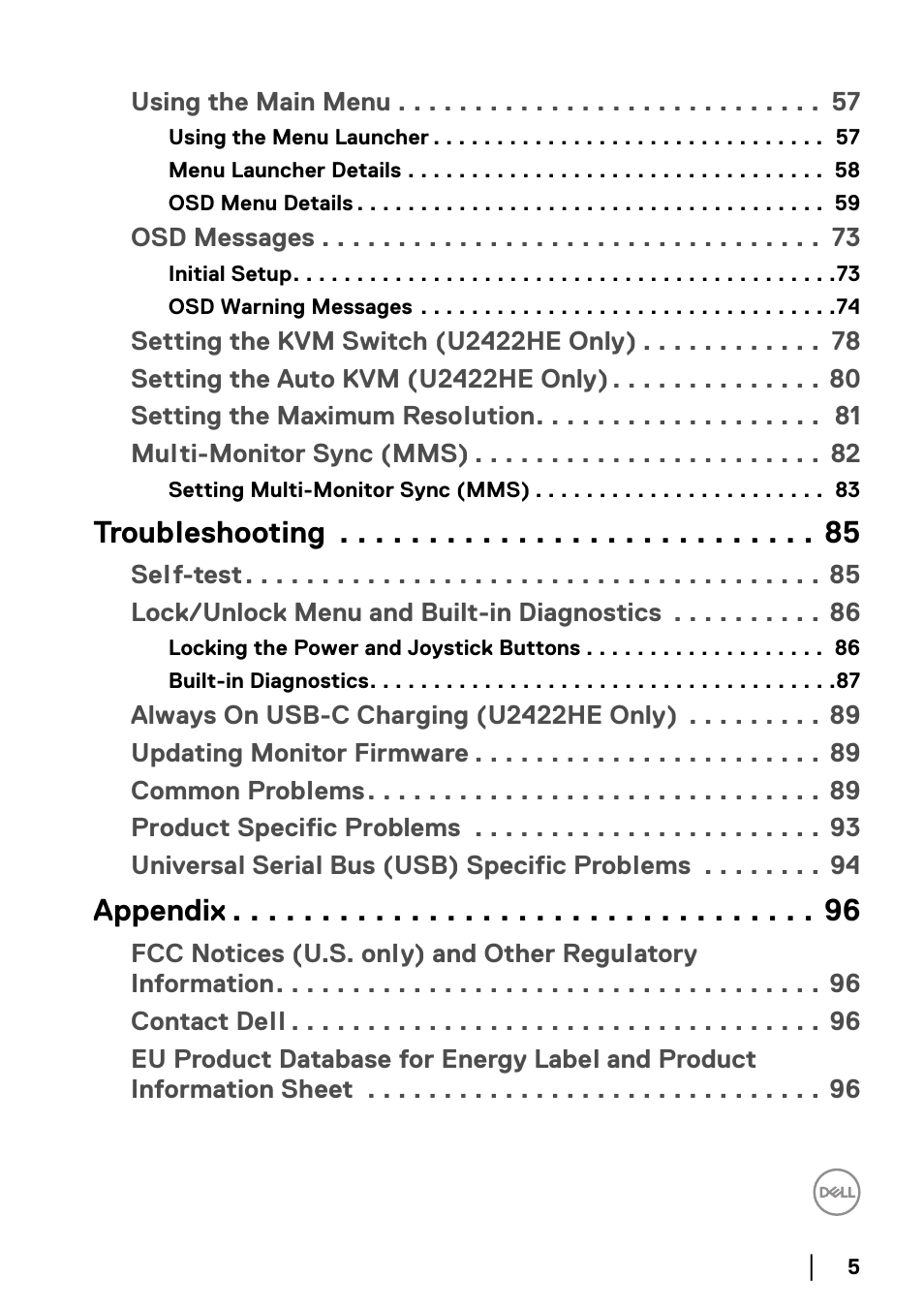 Troubleshooting, Appendix | Dell U2422H 23.8" 16:9 IPS Monitor User Manual | Page 5 / 96