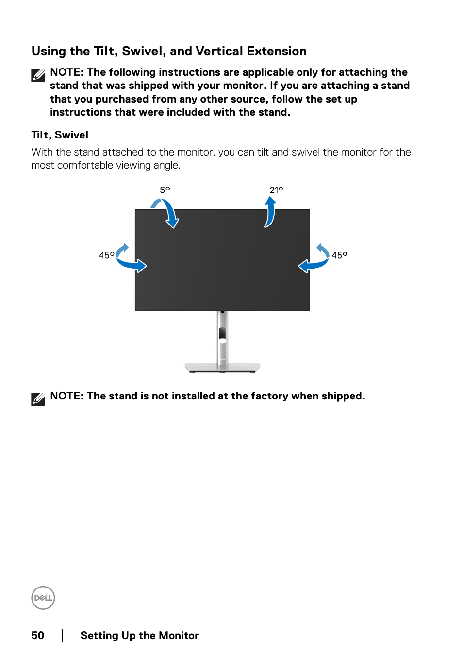 Using the tilt, swivel, and vertical extension, Tilt, swivel | Dell U2422H 23.8" 16:9 IPS Monitor User Manual | Page 50 / 96