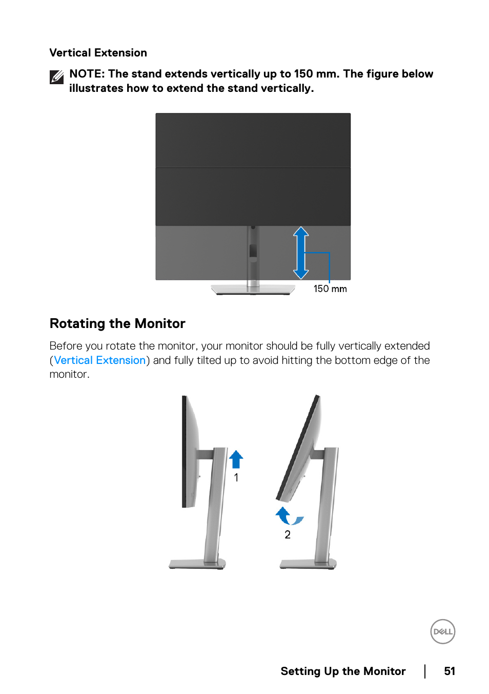 Rotating the monitor, Vertical extension | Dell U2422H 23.8" 16:9 IPS Monitor User Manual | Page 51 / 96