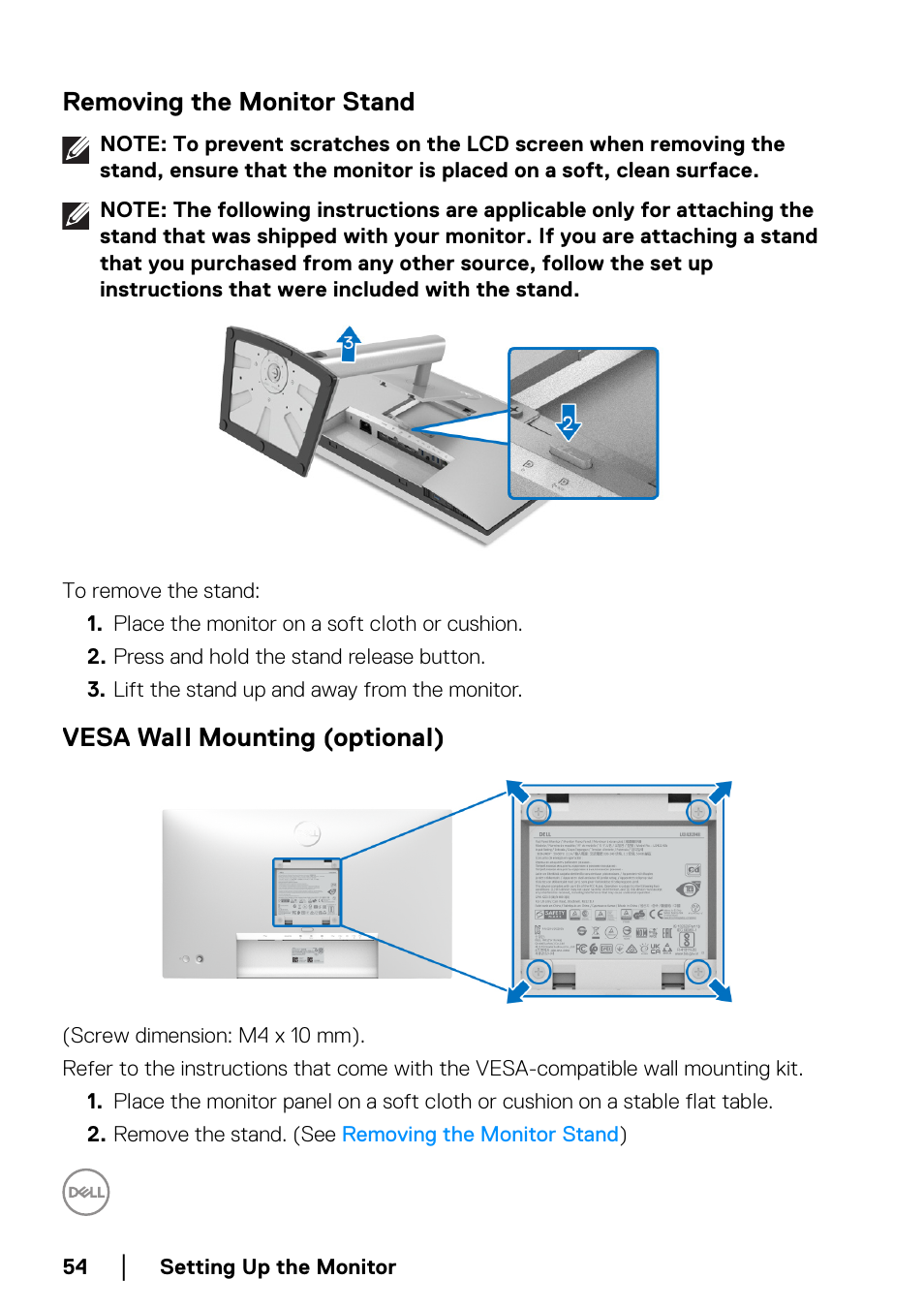 Removing the monitor stand, Vesa wall mounting (optional) | Dell U2422H 23.8" 16:9 IPS Monitor User Manual | Page 54 / 96