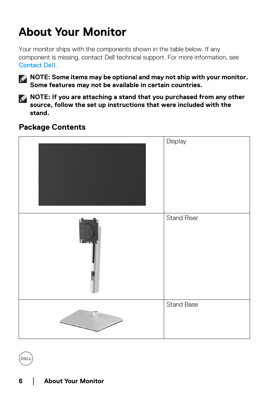 About your monitor, Package contents | Dell U2422H 23.8" 16:9 IPS Monitor User Manual | Page 6 / 96