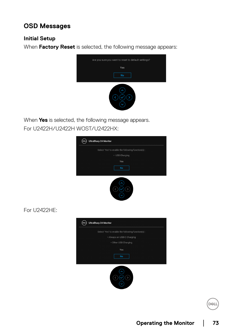 Osd messages, Initial setup | Dell U2422H 23.8" 16:9 IPS Monitor User Manual | Page 73 / 96