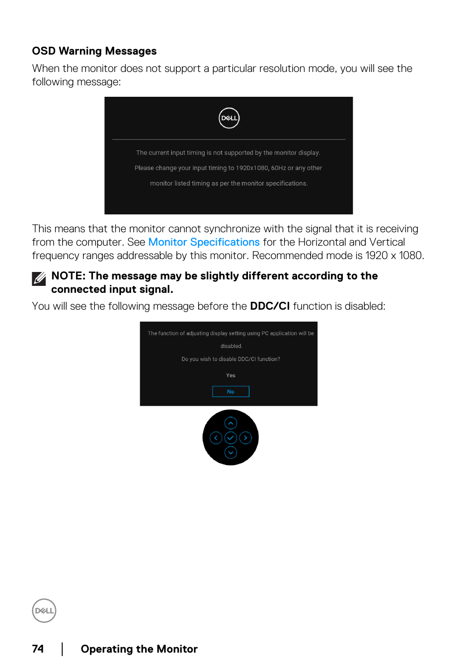 Osd warning messages | Dell U2422H 23.8" 16:9 IPS Monitor User Manual | Page 74 / 96