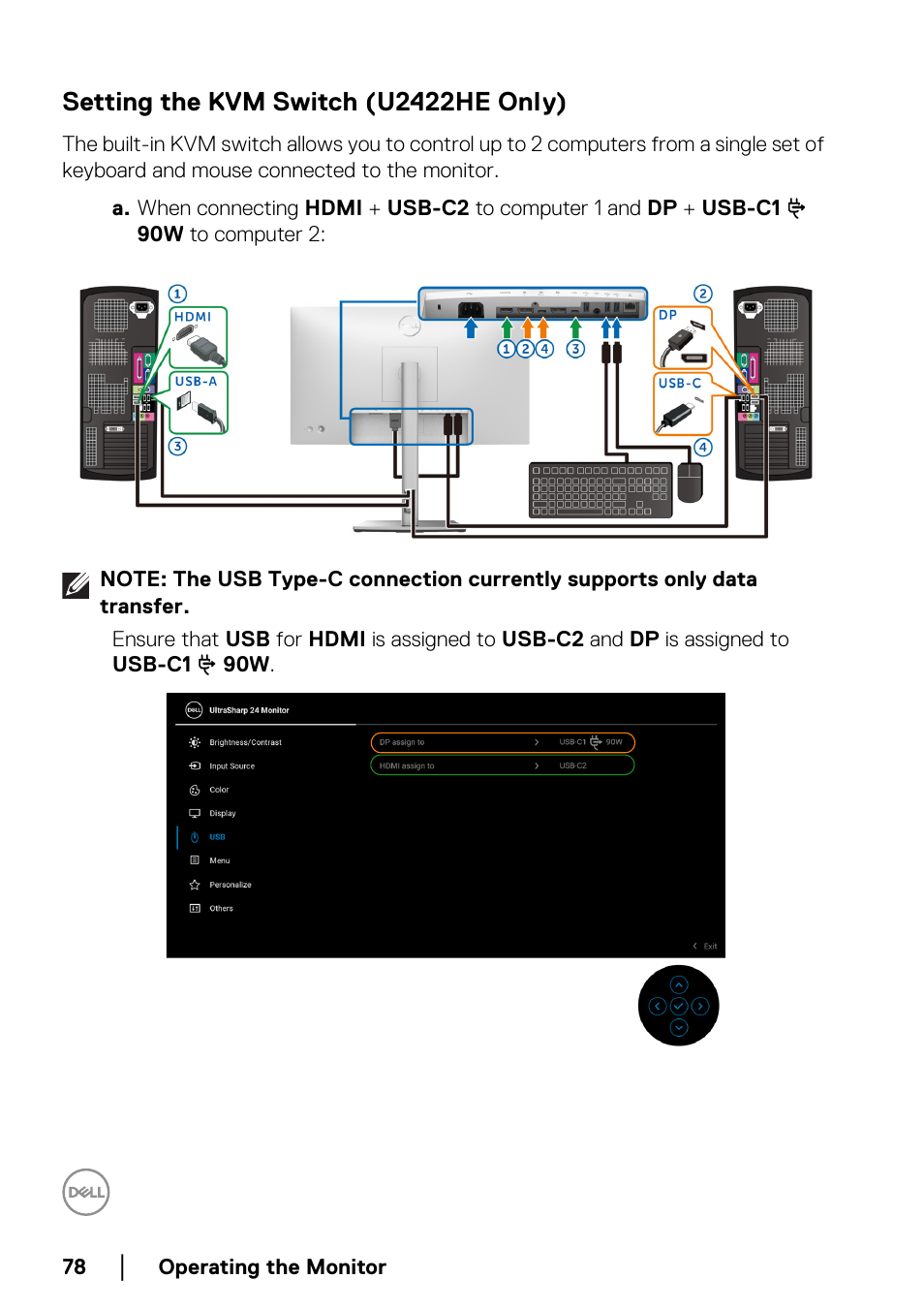 Setting the kvm switch (u2422he only) | Dell U2422H 23.8" 16:9 IPS Monitor User Manual | Page 78 / 96