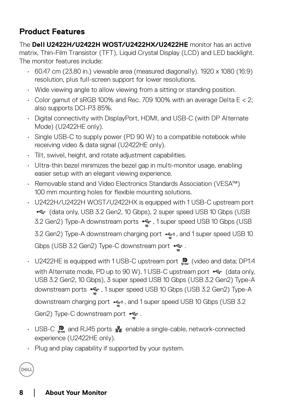 Product features | Dell U2422H 23.8" 16:9 IPS Monitor User Manual | Page 8 / 96
