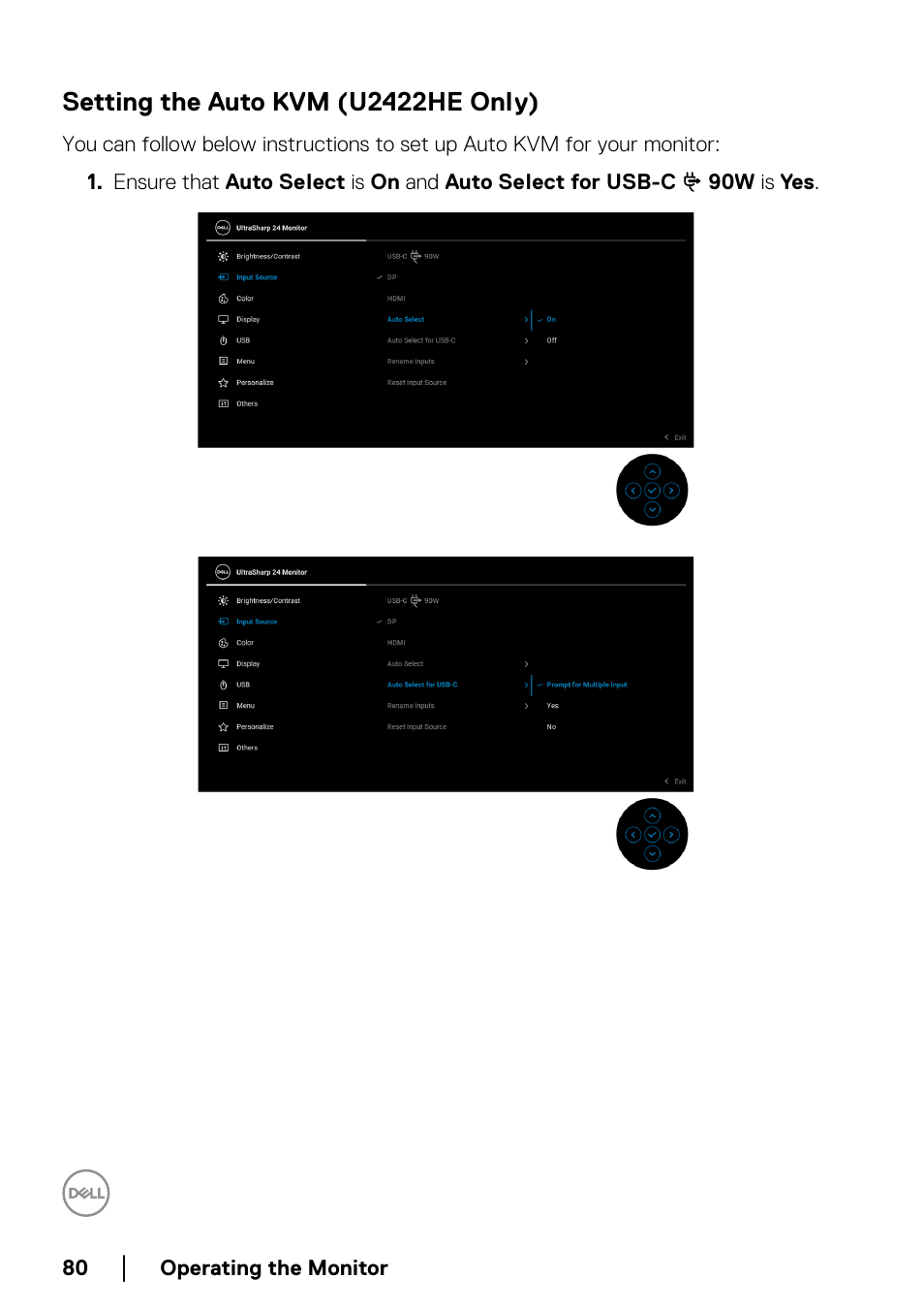 Setting the auto kvm (u2422he only) | Dell U2422H 23.8" 16:9 IPS Monitor User Manual | Page 80 / 96