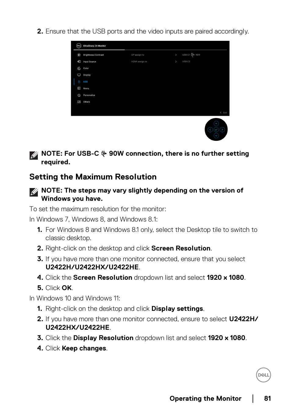 Setting the maximum resolution | Dell U2422H 23.8" 16:9 IPS Monitor User Manual | Page 81 / 96