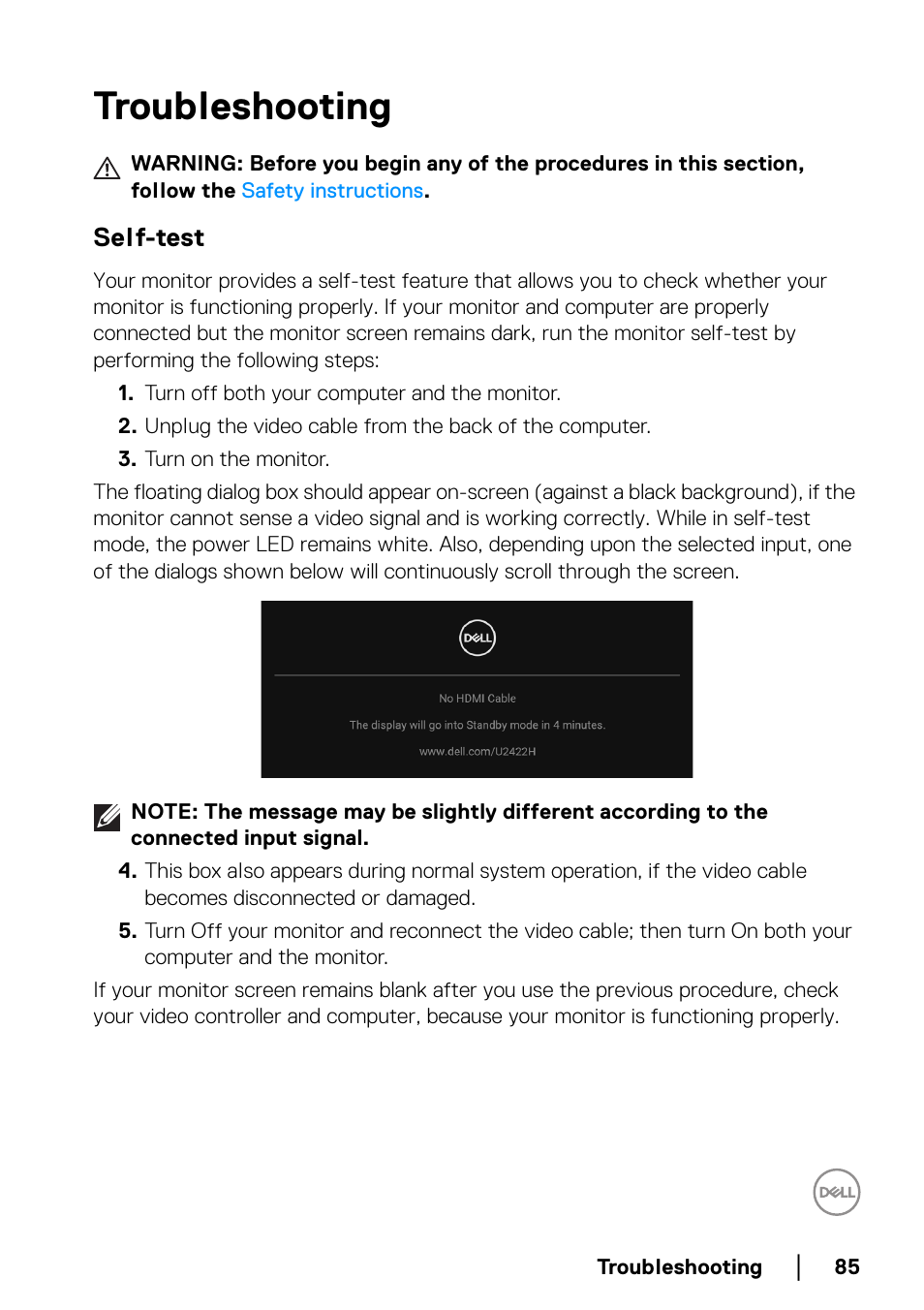 Troubleshooting, Self-test | Dell U2422H 23.8" 16:9 IPS Monitor User Manual | Page 85 / 96