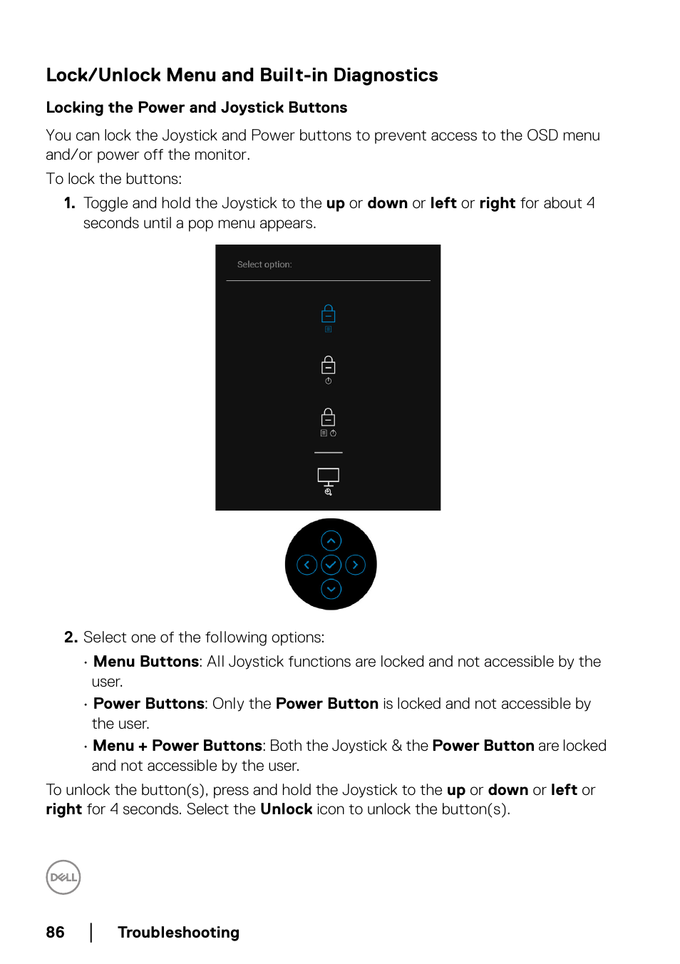 Lock/unlock menu and built-in diagnostics, Locking the power and joystick buttons | Dell U2422H 23.8" 16:9 IPS Monitor User Manual | Page 86 / 96