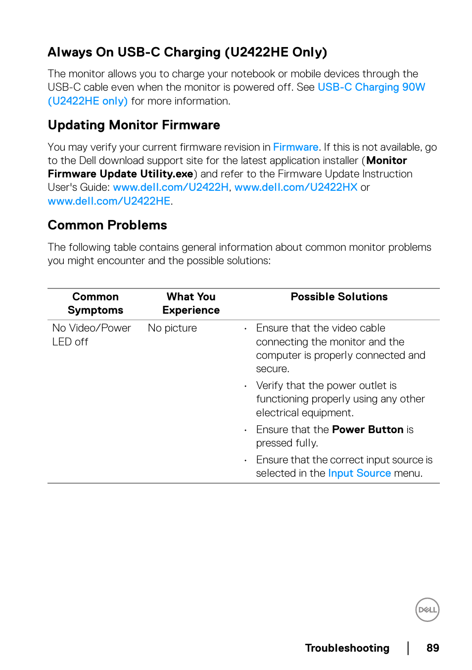 Always on usb-c charging (u2422he only), Updating monitor firmware, Common problems | Dell U2422H 23.8" 16:9 IPS Monitor User Manual | Page 89 / 96
