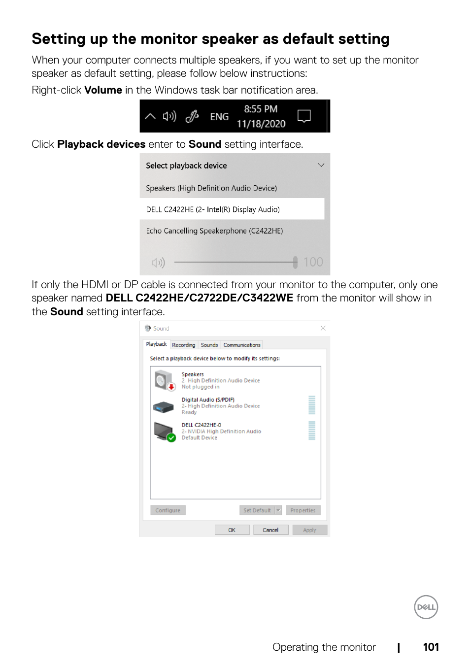 Setting up the monitor speaker as default setting | Dell C2722DE 27" 16:9 IPS Video Conferencing Monitor User Manual | Page 101 / 114